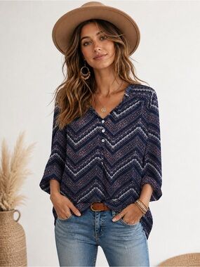 About A Girl Navy Chevron Boho Button-Front Blouse